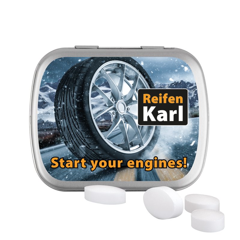 Plat metalen klepblikje met Pfeffi pepermuntpastilles, mat zilverkleurig, deksel bedrukt met een eigen ontwerp