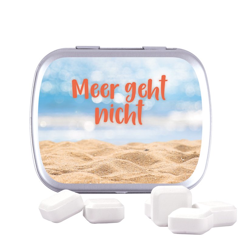 Plat metalen klepblikje met dextrosevierkantjes, glanzend, deksel bedrukt met een eigen ontwerp