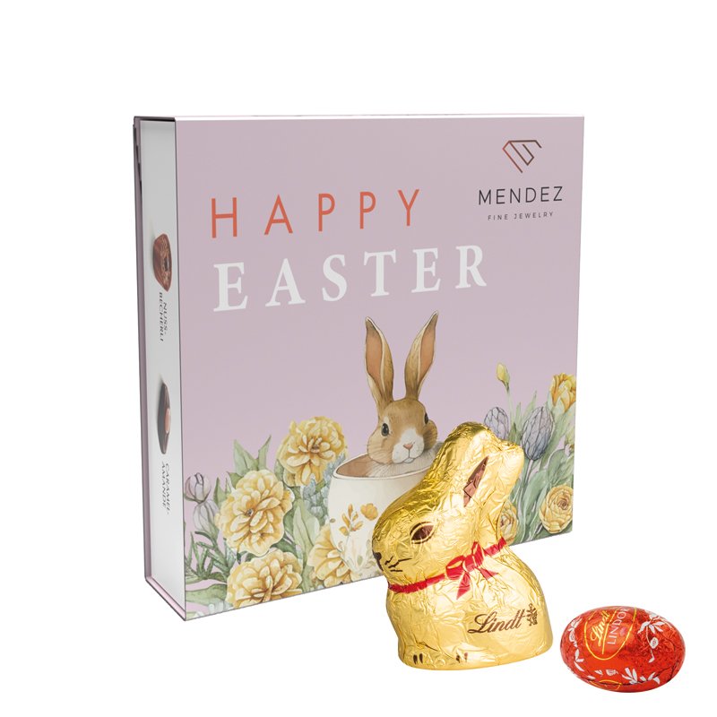 Paasdoosje met LINDOR-minipaaseitjes en chocoladehaasje in eigen ontwerp