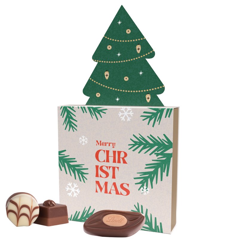 Lindt pralinedoosje met uitvouwbare kerstboom op de wikkel