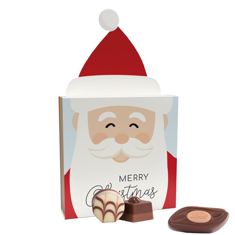 Lindt pralinedoosje met uitvouwbare kerstmuts op de wikkel