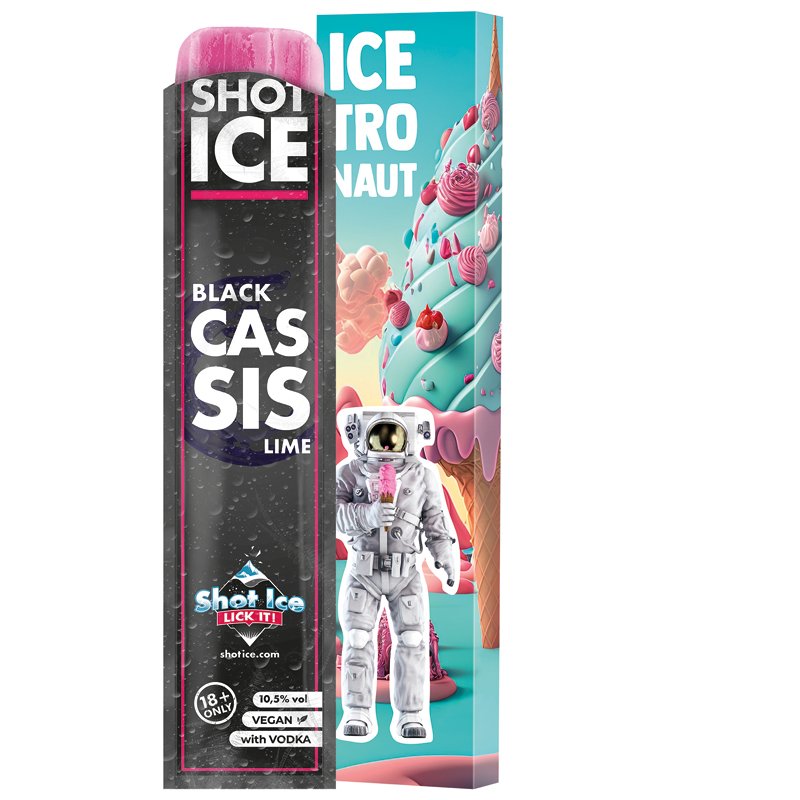 Lange doos met Shot Ice waterijs, black cassis limoen, 10,5% vol.