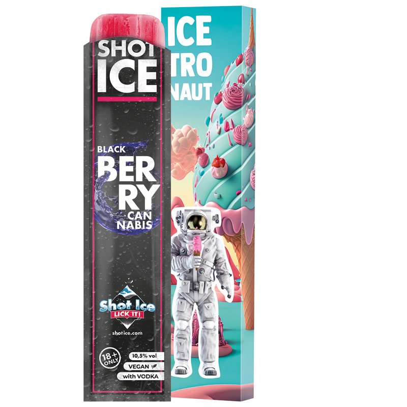 Lange doos met Shot Ice waterijs, blackberry cannabis, 10,5% vol.