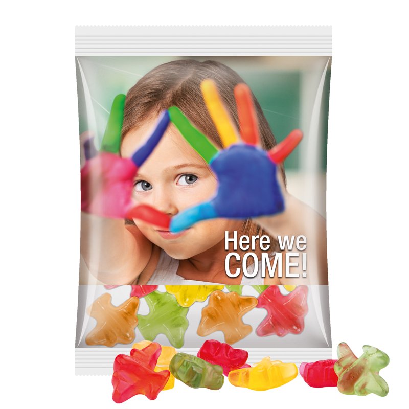 Maxi reclamezakje van transparante folie met Trolli fruitgom in de vorm van een vliegtuigje