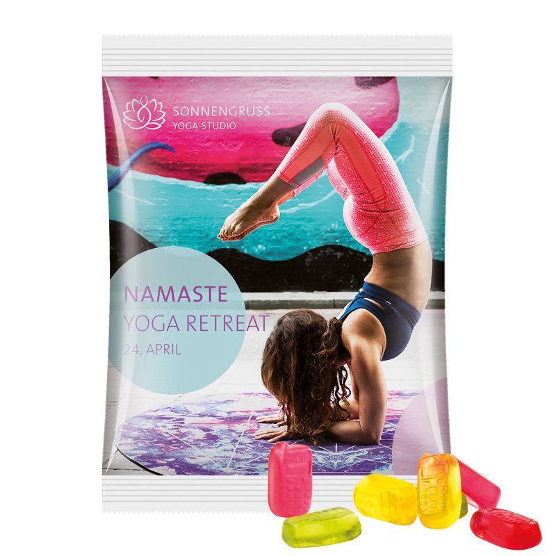 Maxi reclamezakje van witte folie met Trolli fruitgom in de vorm van een mobieltje