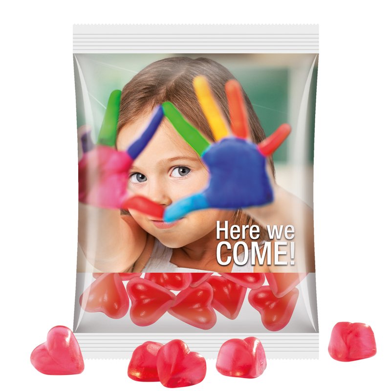 Maxi reclamezakje van transparante folie met Trolli fruitgom in de vorm van een hartje