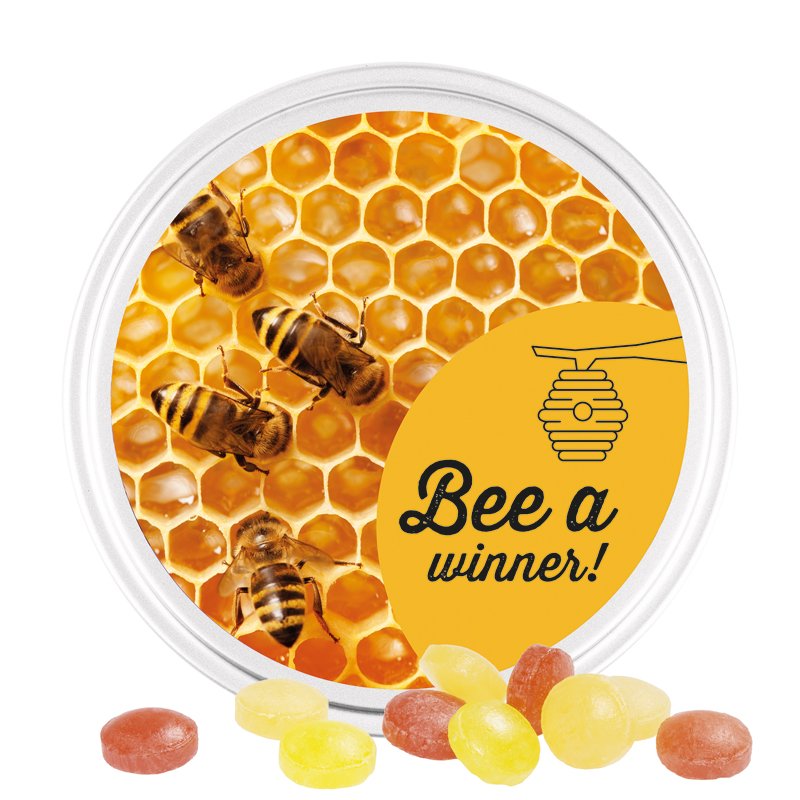 Wit rond Midi-blik met klikdeksel en snoepjes fruitmix, deksel bedrukt met een eigen ontwerp