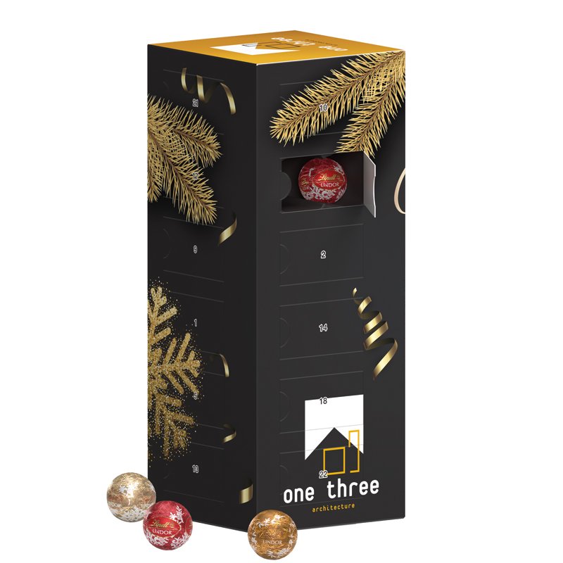Torenvormige adventskalender met LINDOR Mini bolletjes, rondom bedrukt