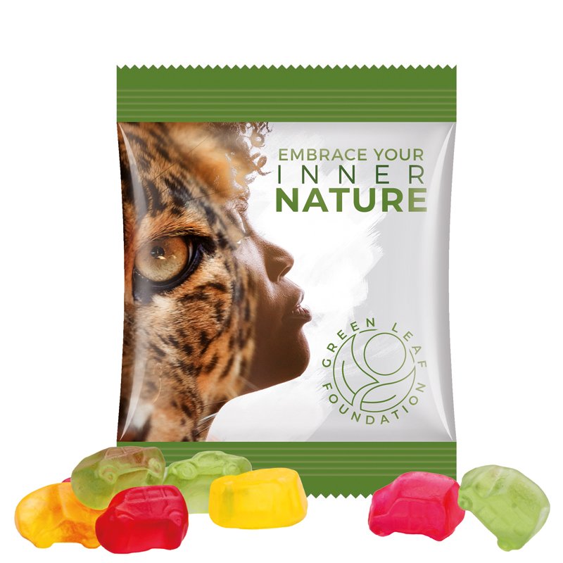 Zakje van witte folie met Trolli fruitgom in de vorm van een automix