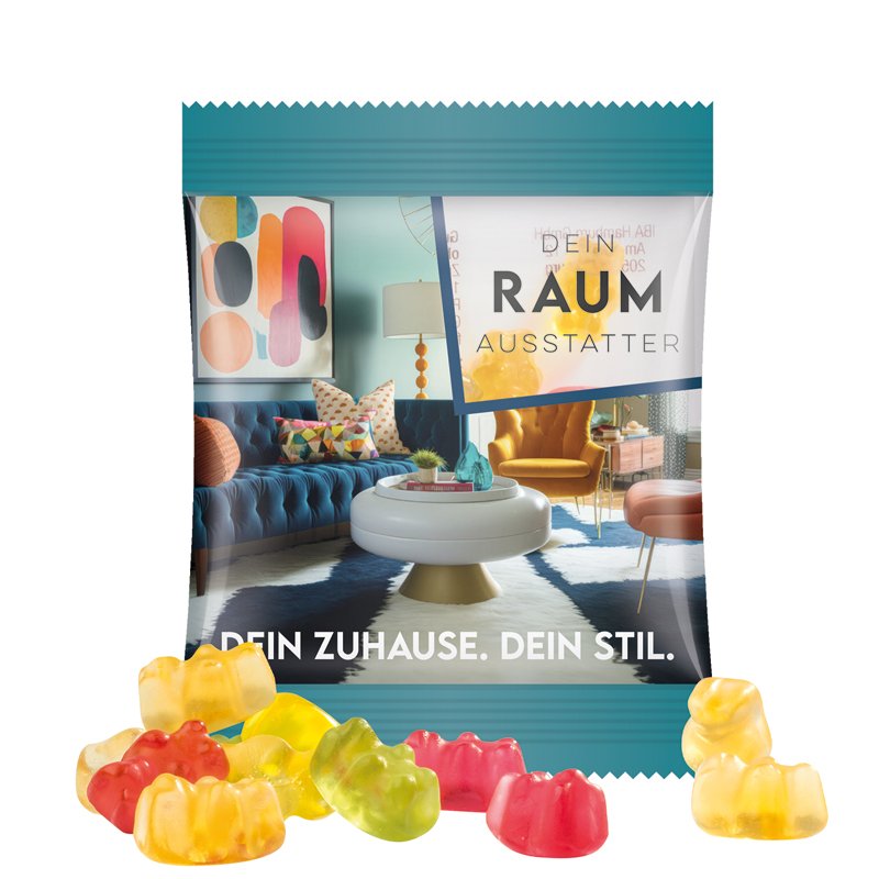 Zakje van transparante folie met Trolli fruitgom en een eigen ontwerp