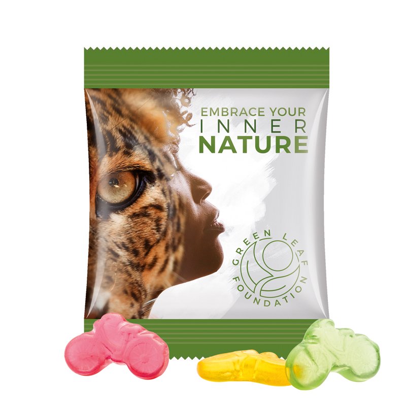 Zakje van witte folie met Trolli fruitgom in de vorm van een fietsje