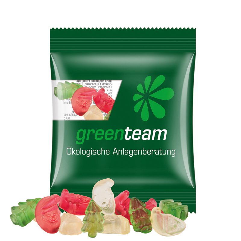 Zakje van composteerbare transparante folie met Trolli fruitgom en een eigen ontwerp