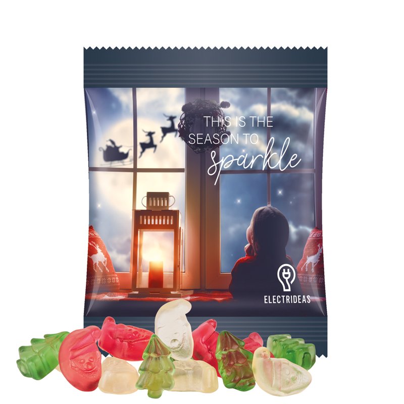Zakje van witte folie met Trolli fruitgom en een eigen ontwerp