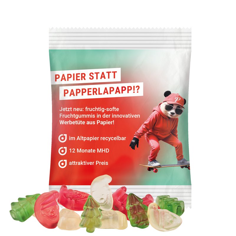 Zakje van wit PaperPlus Pro-papier met Trolli fruitgom en een eigen ontwerp