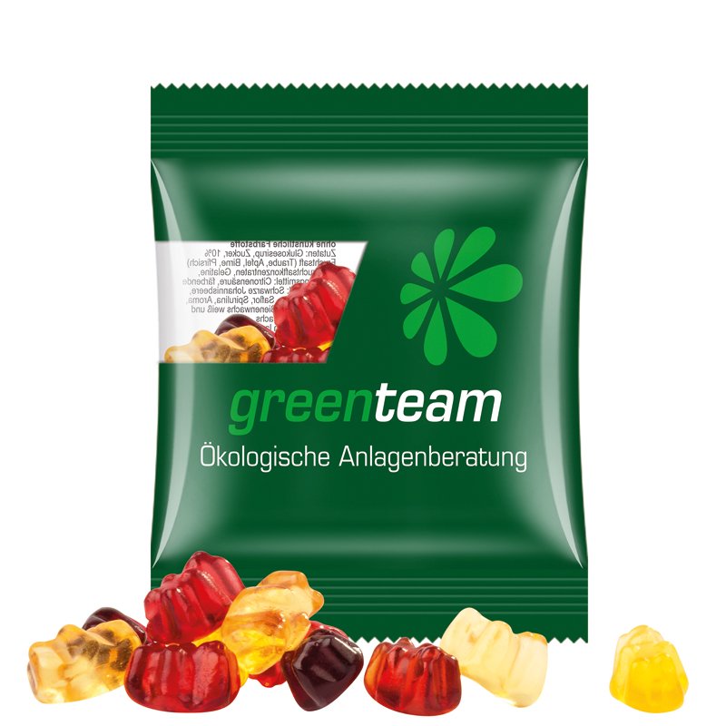 Zakje van composteerbare transparante folie met Trolli fruitgom en een eigen ontwerp