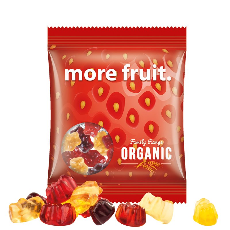 Zakje van transparante folie met Trolli fruitgom en een eigen ontwerp