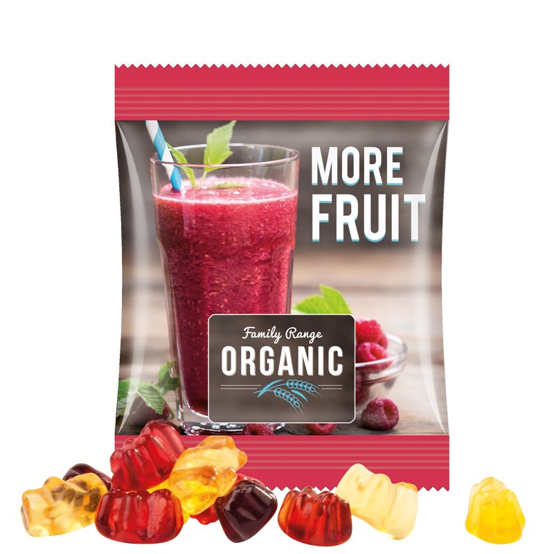 Zakje van witte folie met Trolli fruitgom en een eigen ontwerp