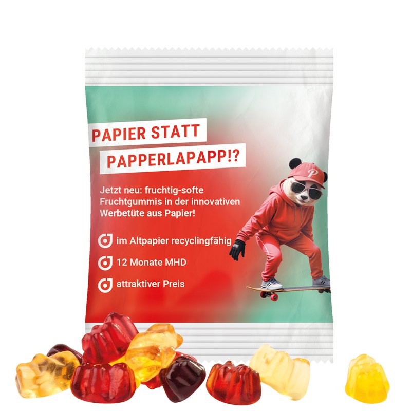 Zakje van wit PaperPlus Pro-papier met Trolli fruitgom en een eigen ontwerp