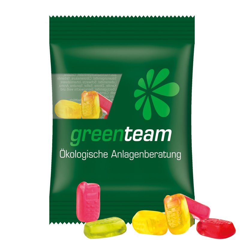 Zakje van composteerbare transparante folie met Trolli fruitgom in de vorm van een mobieltje