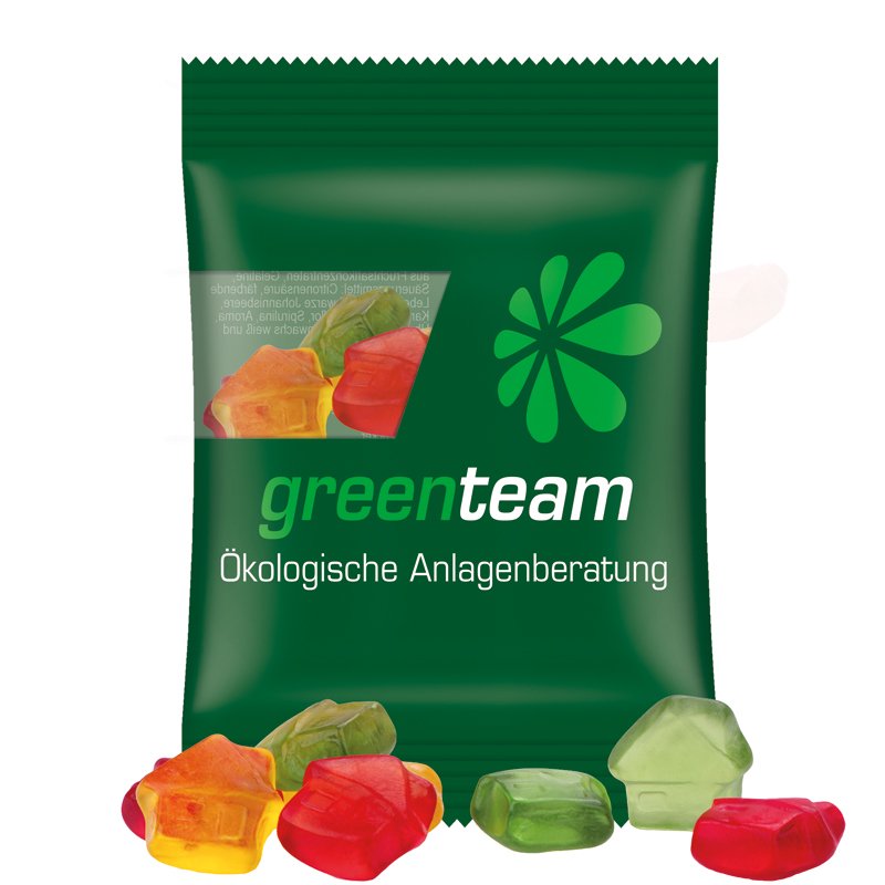 Zakje van composteerbare transparante folie met Trolli fruitgom in de vorm van een huisje