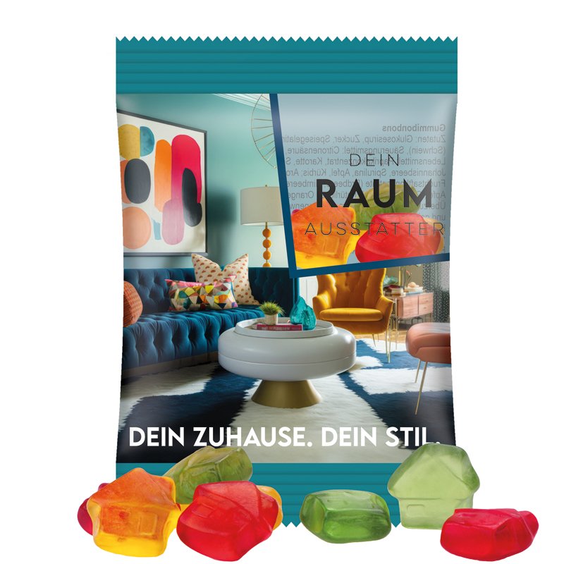 Zakje van transparante folie met Trolli fruitgom in de vorm van een huisje