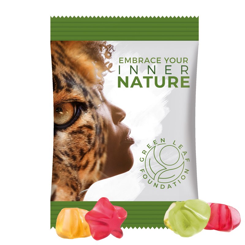 Zakje van witte folie met Trolli fruitgom in de vorm van een sterretje