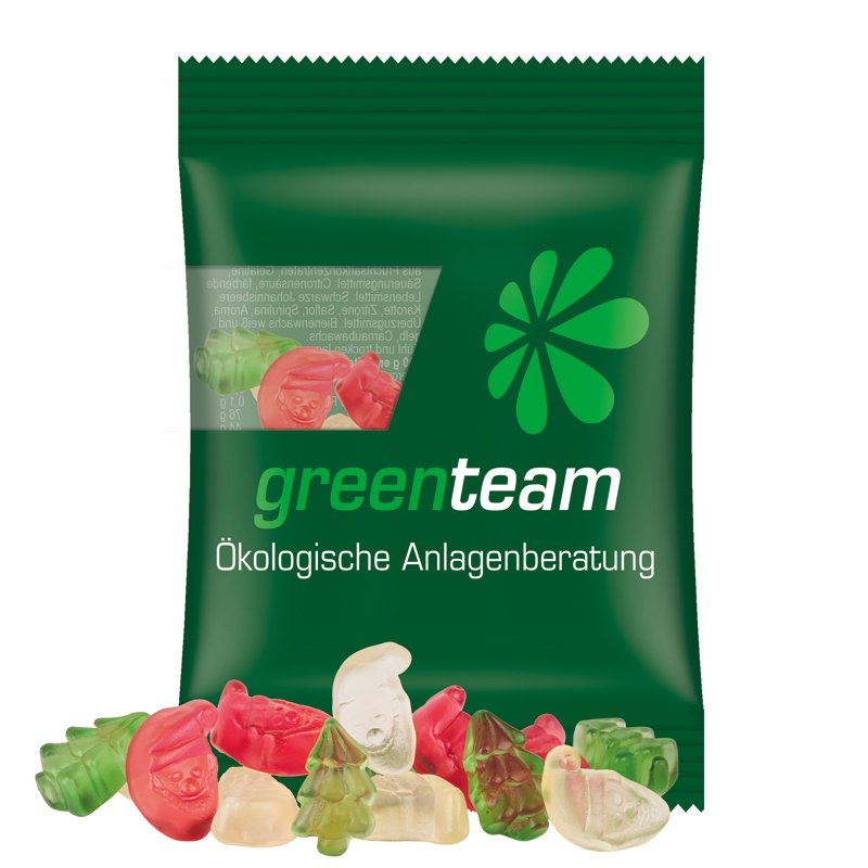 Zakje van composteerbare transparante folie met Trolli fruitgom en een eigen ontwerp