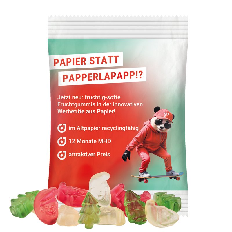 Zakje van wit PaperPlus Pro-papier met Trolli fruitgom en een eigen ontwerp