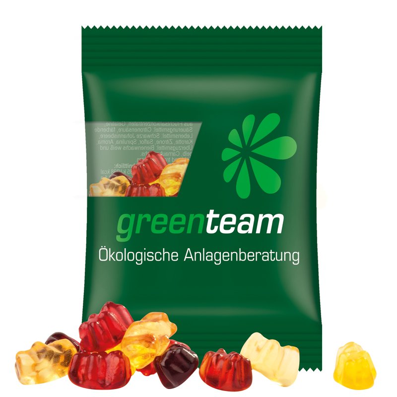 Zakje van composteerbare transparante folie met Trolli fruitgom en een eigen ontwerp