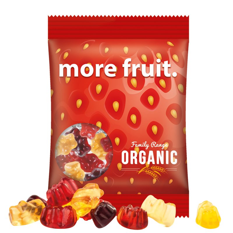 Zakje van transparante folie met Trolli fruitgom en een eigen ontwerp