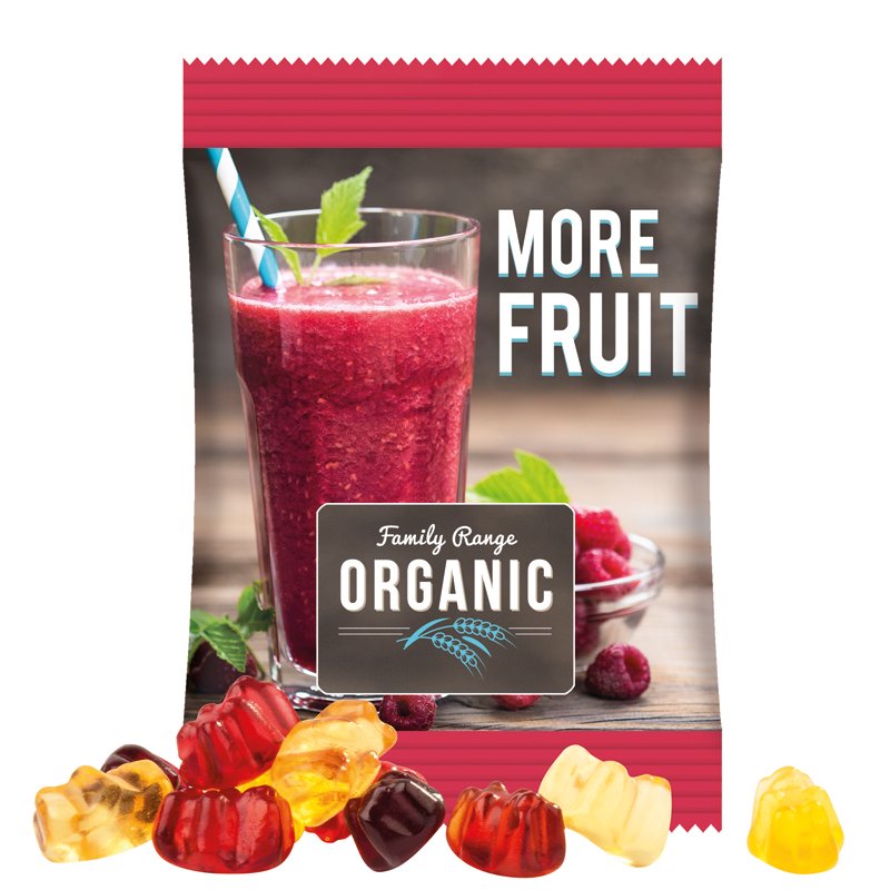 Zakje van witte folie met Trolli fruitgom en een eigen ontwerp