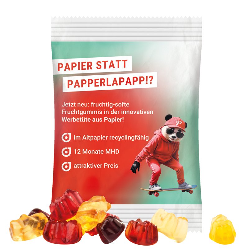 Zakje van wit PaperPlus Pro-papier met Trolli fruitgom en een eigen ontwerp