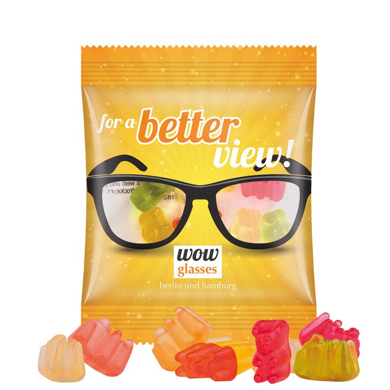 Zakje van transparante folie met Trolli fruitgom en een eigen ontwerp