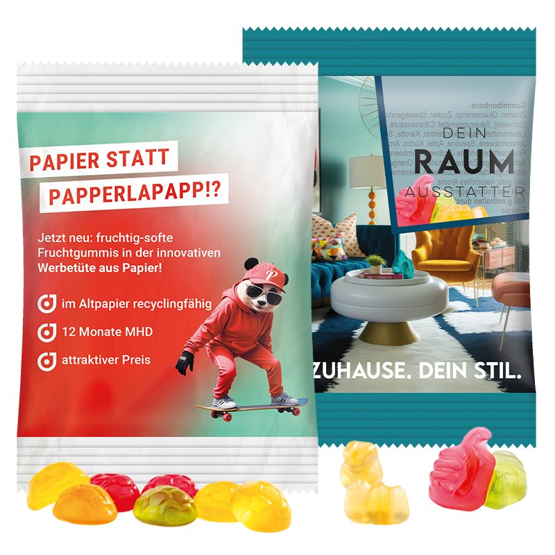 Reclamezakje van 15 gram met Trolli fruitgom in verschillende vormen en een eigen ontwerp