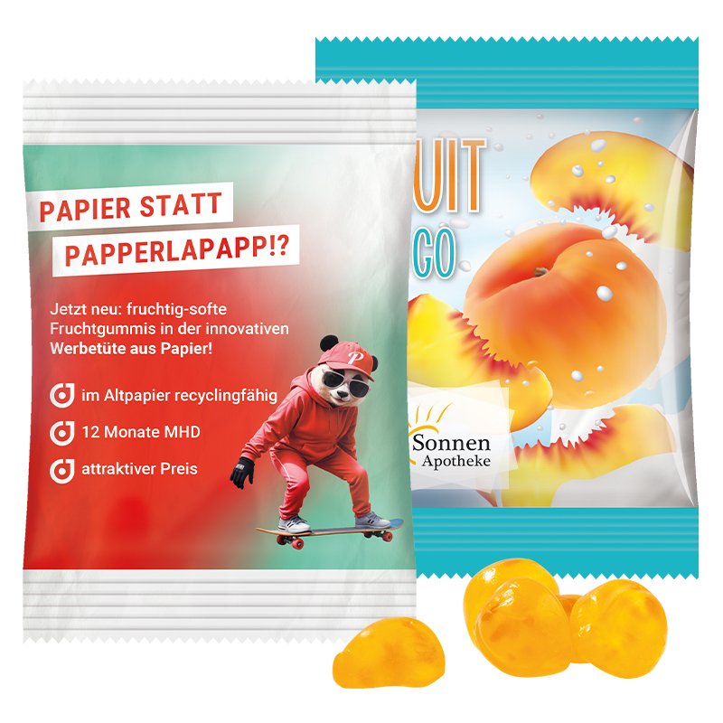 Reclamezakje met Trolli vitamine fruitgom met perziksmaak en een eigen ontwerp