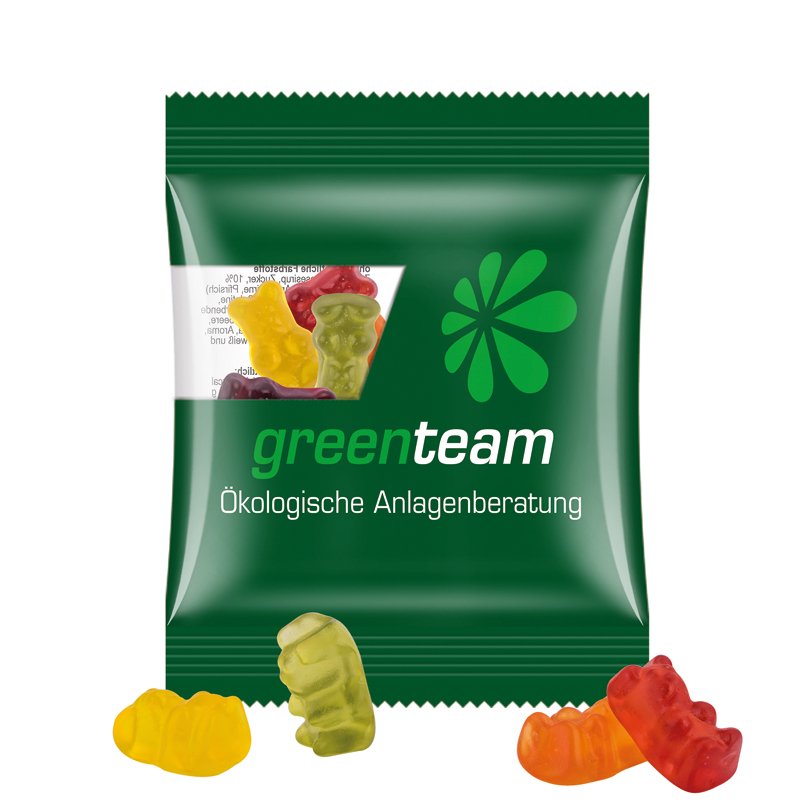 Zakje van composteerbare transparante folie met Trolli fruitgom en een eigen ontwerp