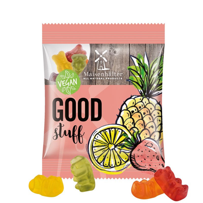 Zakje van transparante folie met Trolli fruitgom en een eigen ontwerp