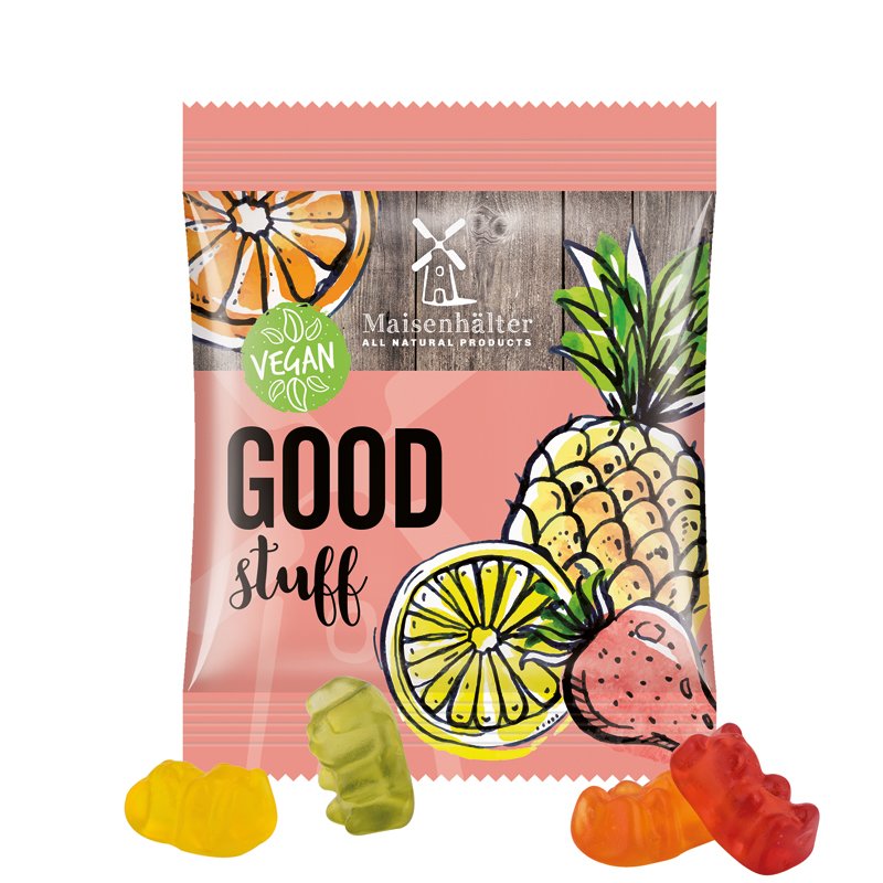 Zakje van witte folie met Trolli fruitgom en een eigen ontwerp