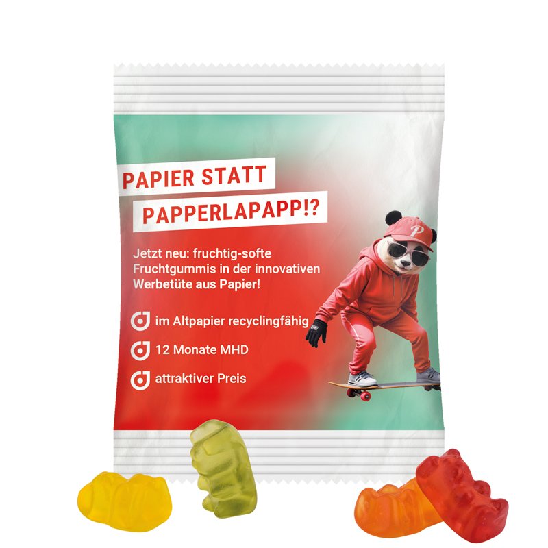 Zakje van wit PaperPlus Pro-papier met Trolli fruitgom en een eigen ontwerp
