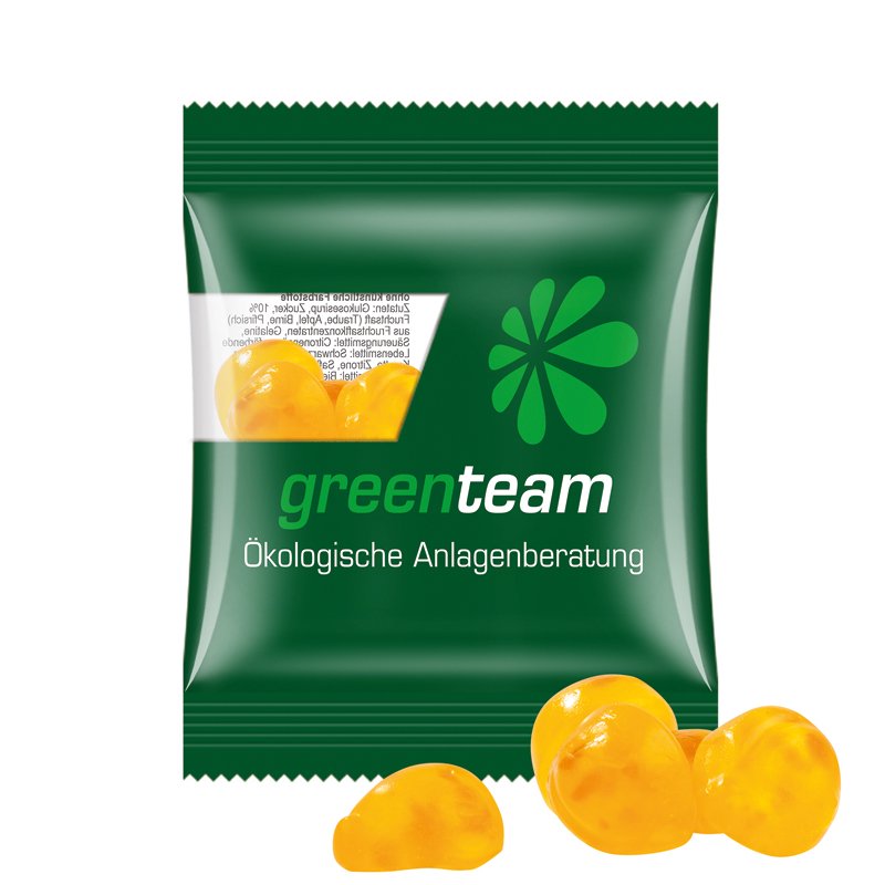 Zakje van composteerbare transparante folie met Trolli fruitgom en een eigen ontwerp