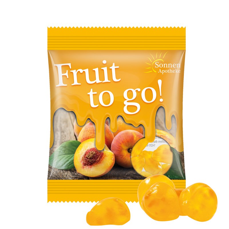 Zakje van transparante folie met Trolli fruitgom en een eigen ontwerp