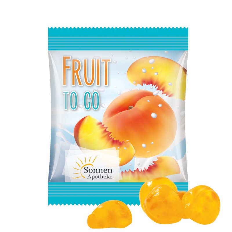 Zakje van witte folie met Trolli fruitgom en een eigen ontwerp