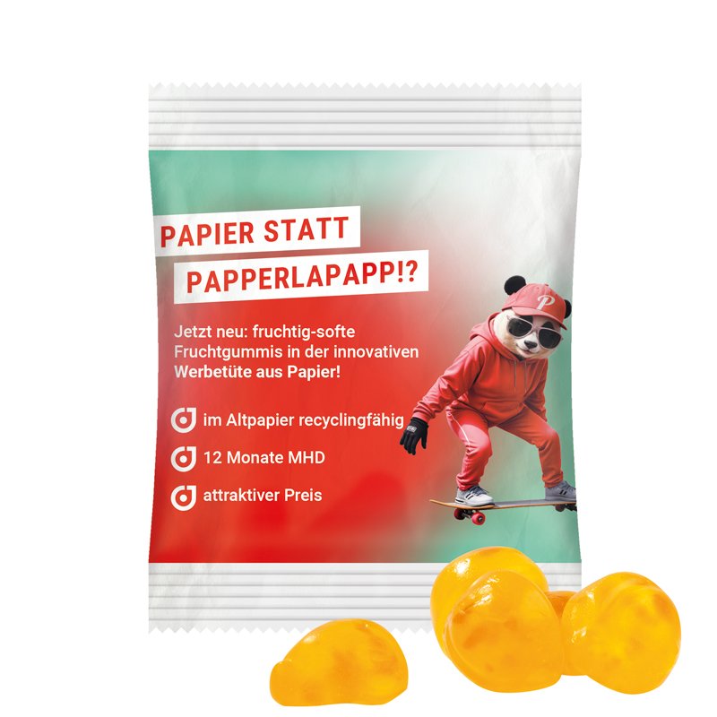 Zakje van wit PaperPlus Pro-papier met Trolli fruitgom en een eigen ontwerp