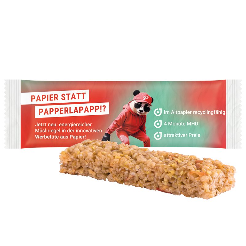Mueslireep met appel en rozijnen in een recyclebaar wit PaperPlus Pro zakje met eigen ontwerp