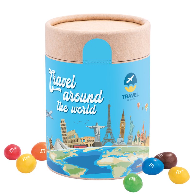 Papieren snoepbus maxi met rondom bedrukt etiket en M&M's peanuts