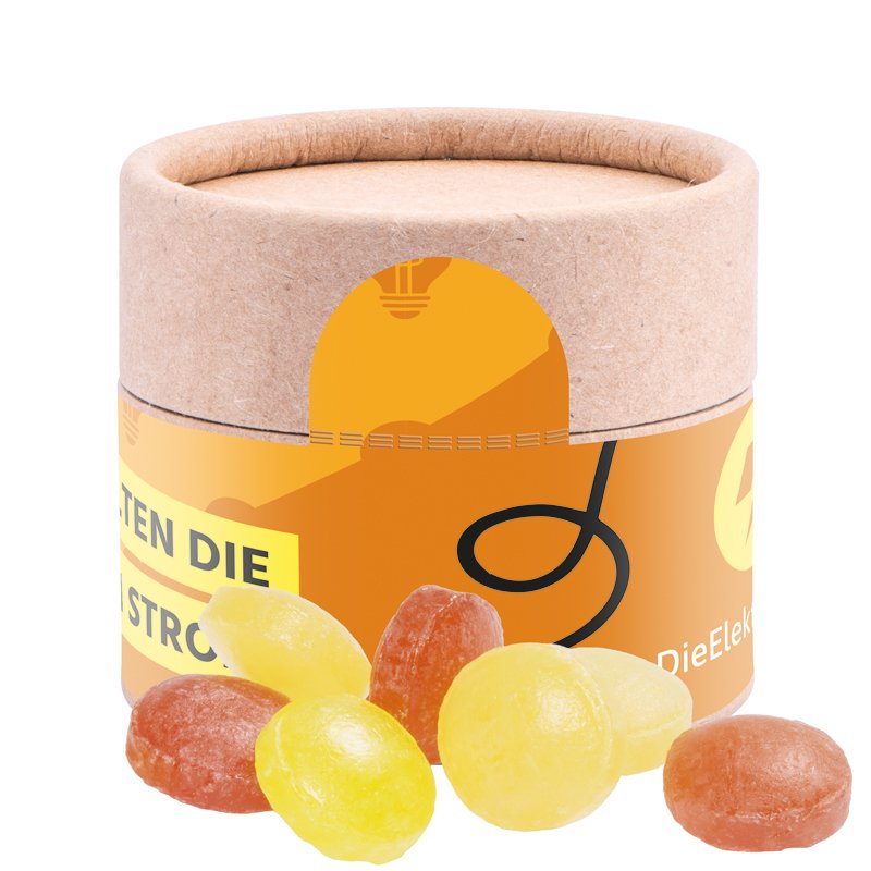 Mini papieren snoepbus met rondom bedrukt etiket en mini fruitsnoepjes