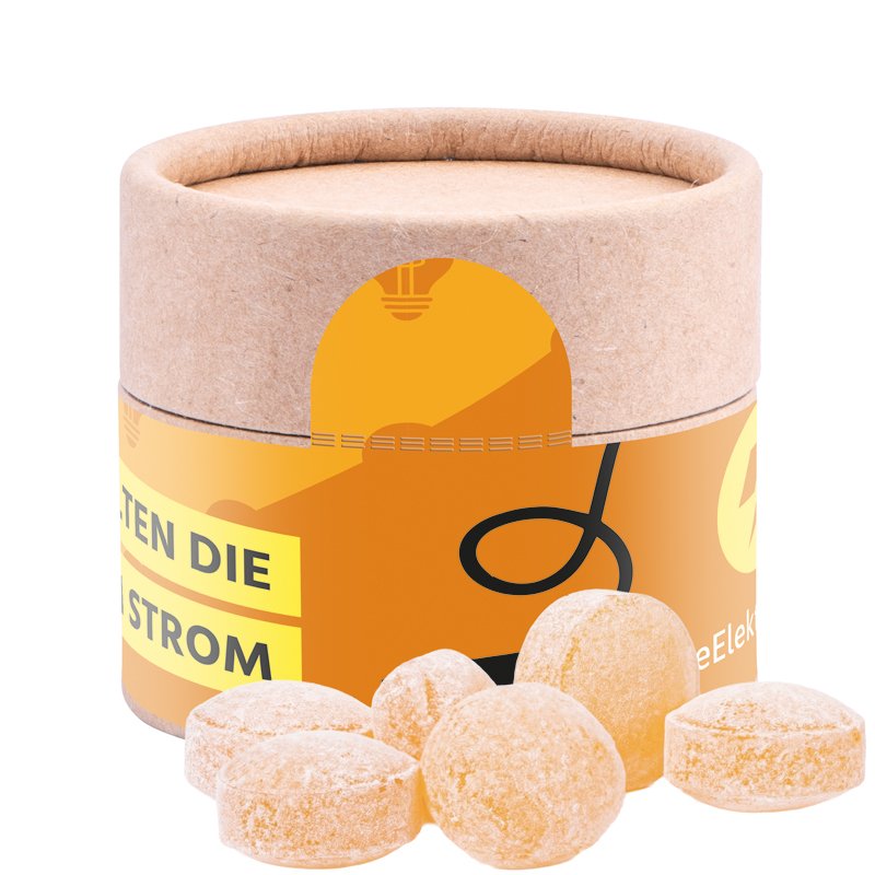 Mini papieren snoepbus met rondom bedrukt etiket en honingsnoepjes