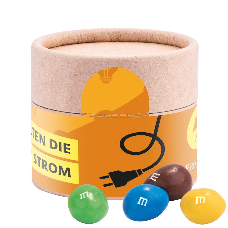 Mini papieren snoepbus met rondom bedrukt etiket en M&M's peanuts
