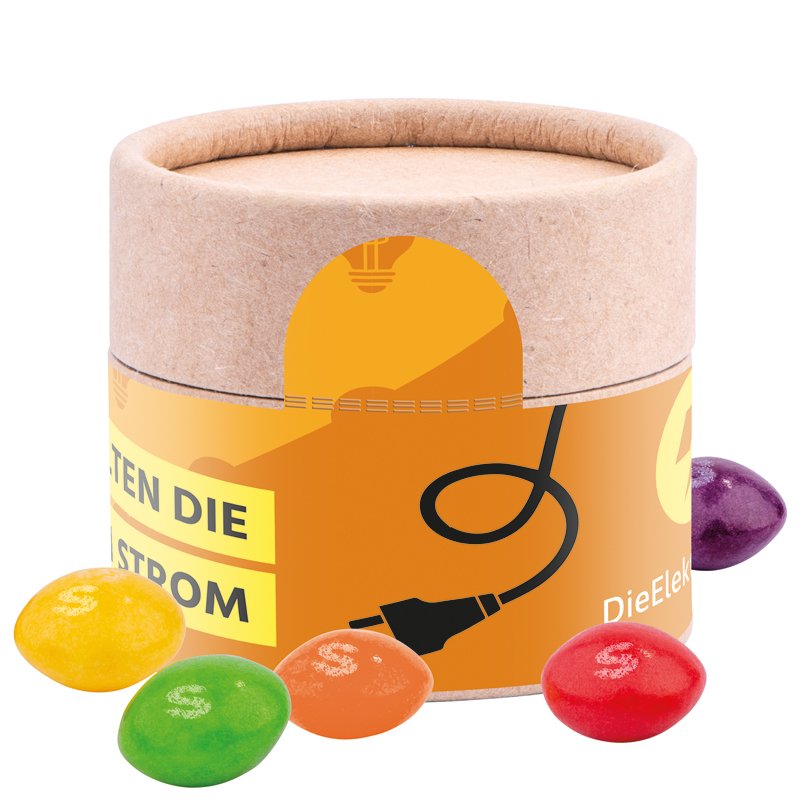 Mini papieren snoepbus met rondom bedrukt etiket en Skittles