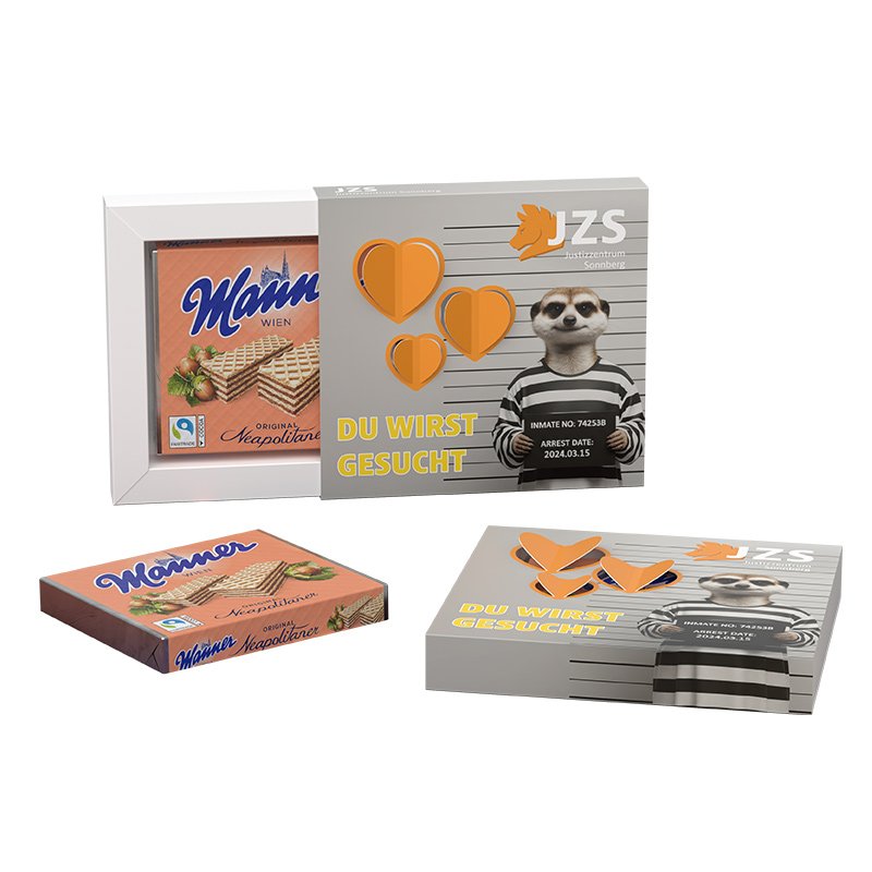 Cadeauhoesje met 3D-hart, Ritter SPORT of Manner en logo: Manner-wafels